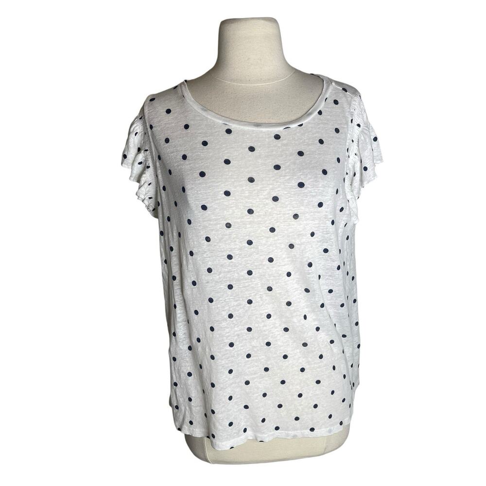 Ann Taylor LOFT L Large 100% Linen Polka Dot Top Ruffle Short Sleeve‎ Blouse